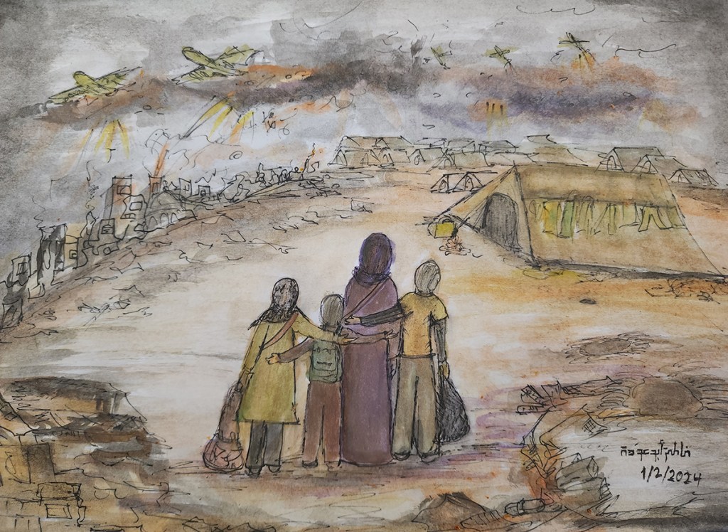 Fatima Abu Owdah, “ Displacement to Rafah”, 2024 (printed&nbsp;2025)
